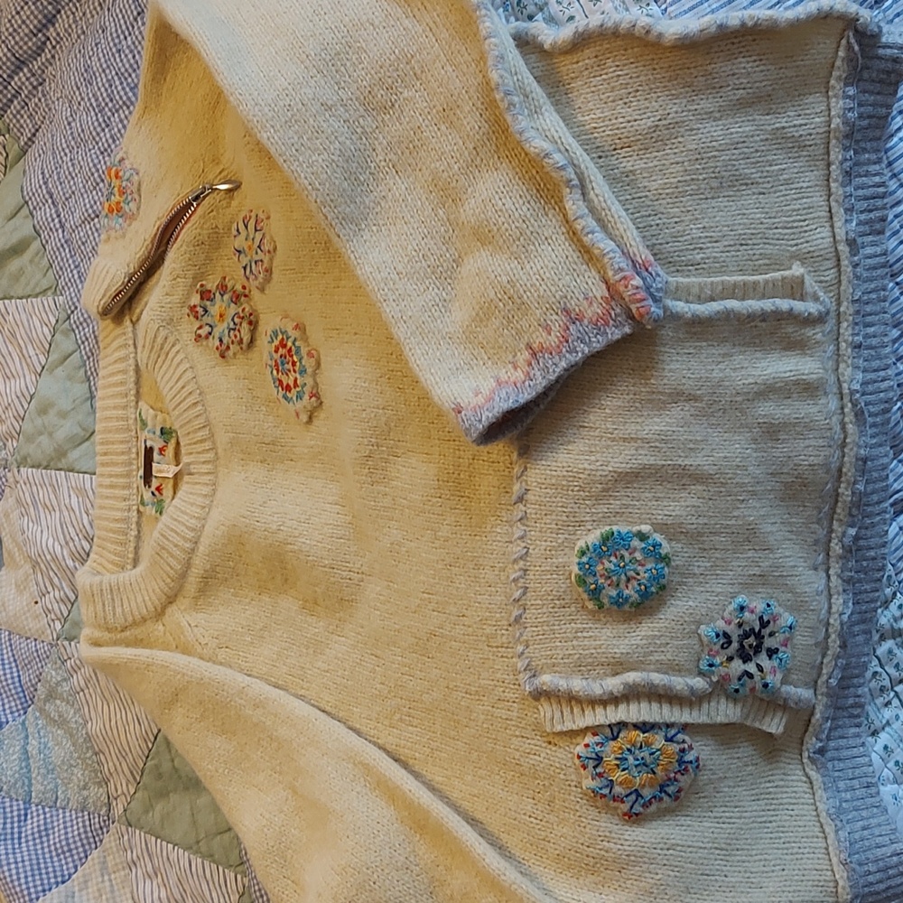Free People Cream Kids Sweater with Embroidered Accents